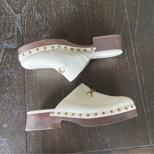 Larroude Zuzi Bit Mule in Ivory Studded Faux Wood‎ Clogs Boho Funky Size 9.5